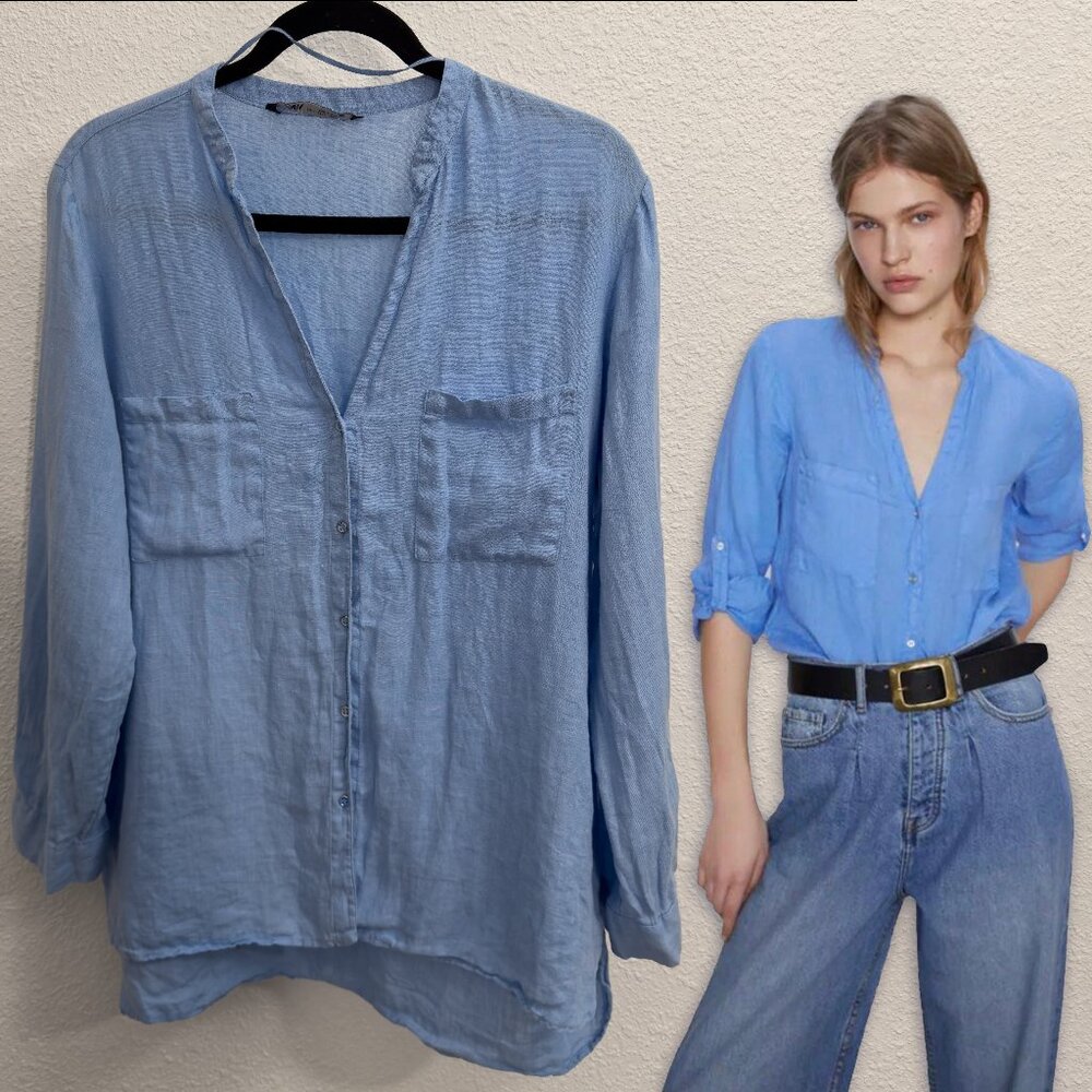 ZARA 100% Linen Pocket V-Neck Button Down Blouse Light Blue | Size L